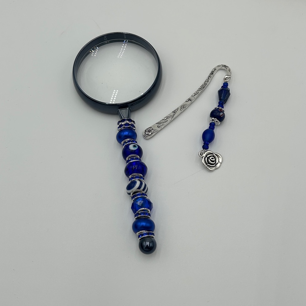 Elegant Beaded blue, black, and Silver Bookmark & Magnifying Glass Set